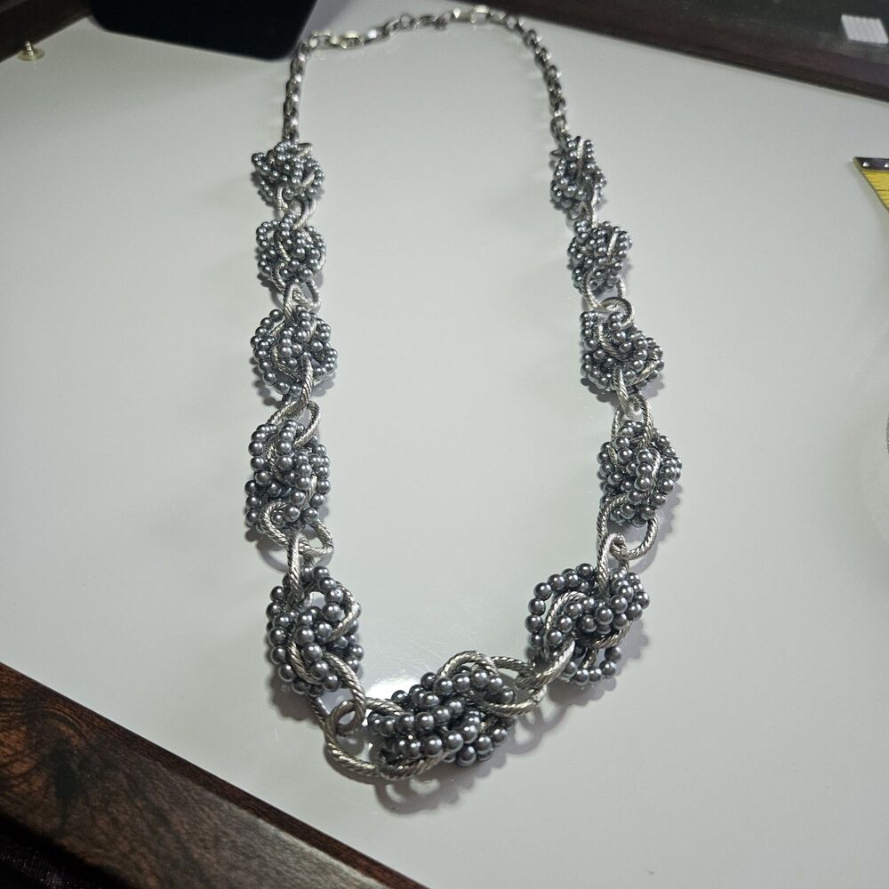 LOFT Long Chunky Silver Tone Blue-Gray Faux Pearl Bead Necklace 34"